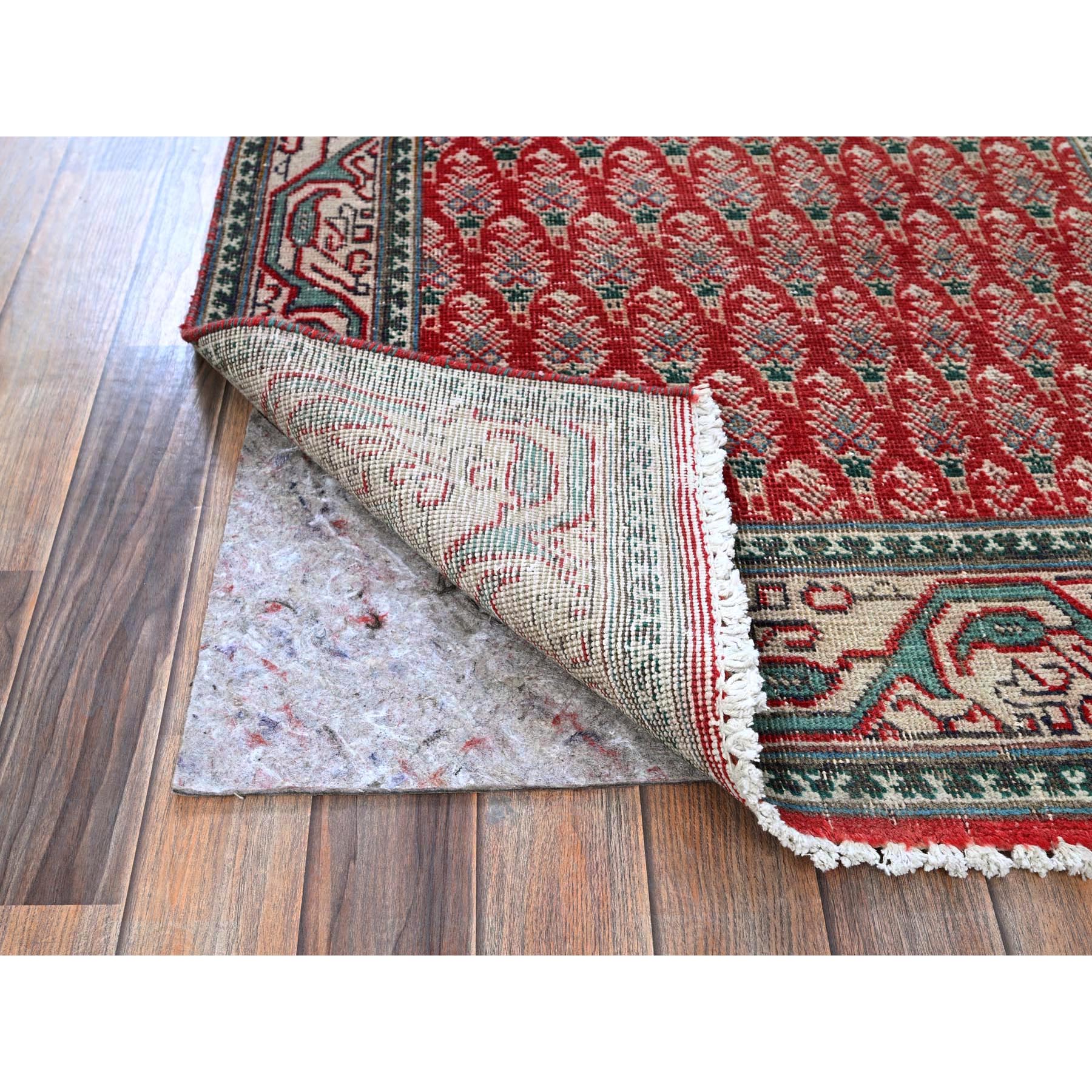 3'2"x12'4" Crimson Red, Vintage Persian Tabriz with Acorn Design Intricate Repetitive Pattern, 100% Wool, Hand Knotted, Shaved Down, Zero Pile, Sides and Ends Professionally Secured, Good Condition, Runner, Oriental Rug HR779 - Image 3