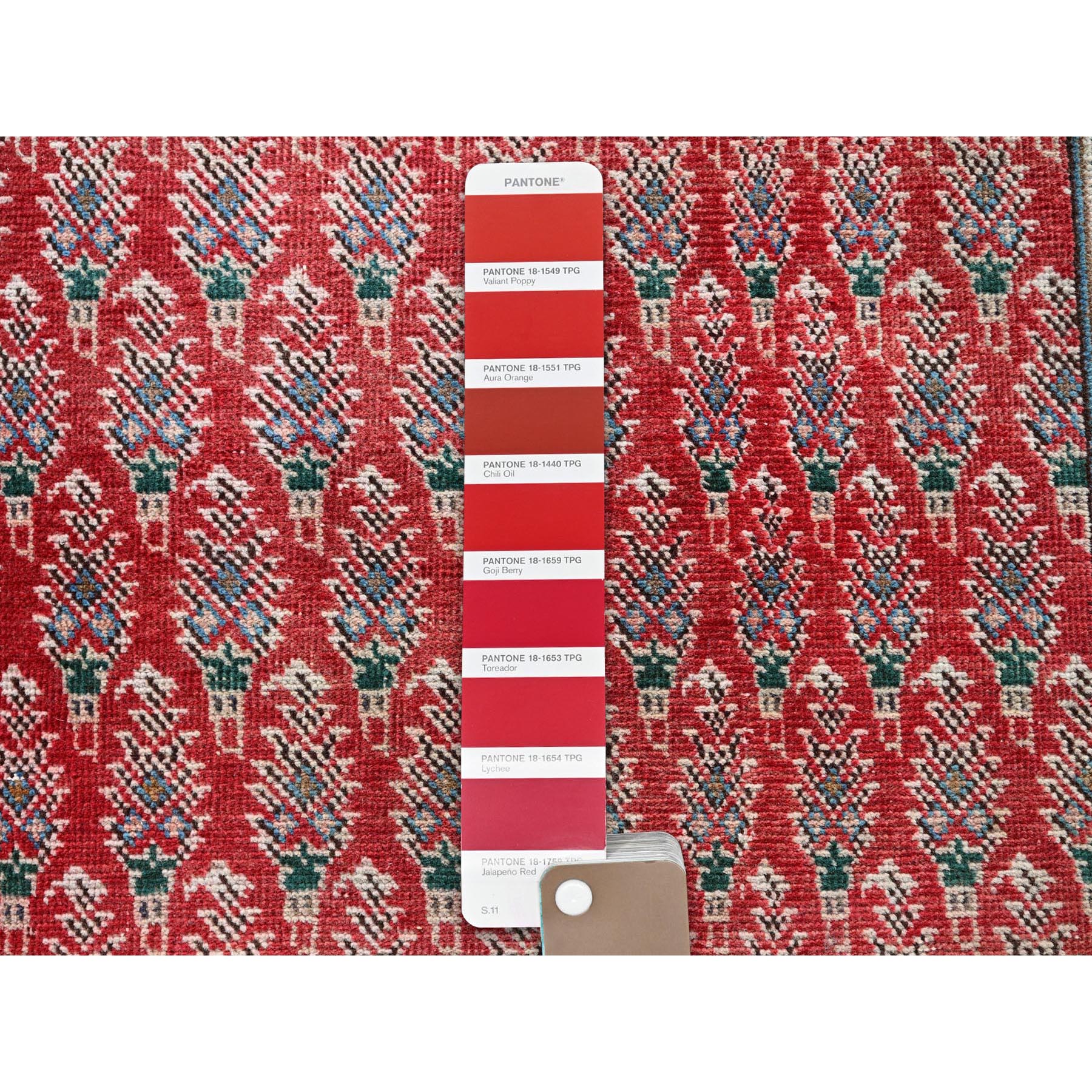 3'2"x12'4" Crimson Red, Vintage Persian Tabriz with Acorn Design Intricate Repetitive Pattern, 100% Wool, Hand Knotted, Shaved Down, Zero Pile, Sides and Ends Professionally Secured, Good Condition, Runner, Oriental Rug HR779 - Image 4