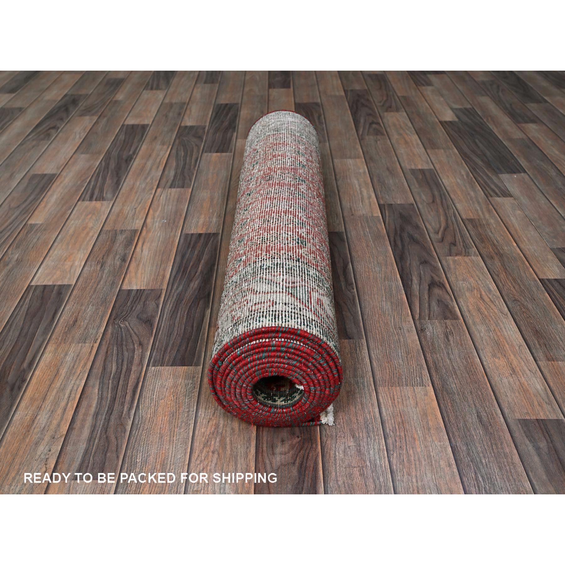 3'2"x12'4" Crimson Red, Vintage Persian Tabriz with Acorn Design Intricate Repetitive Pattern, 100% Wool, Hand Knotted, Shaved Down, Zero Pile, Sides and Ends Professionally Secured, Good Condition, Runner, Oriental Rug HR779 - Image 5