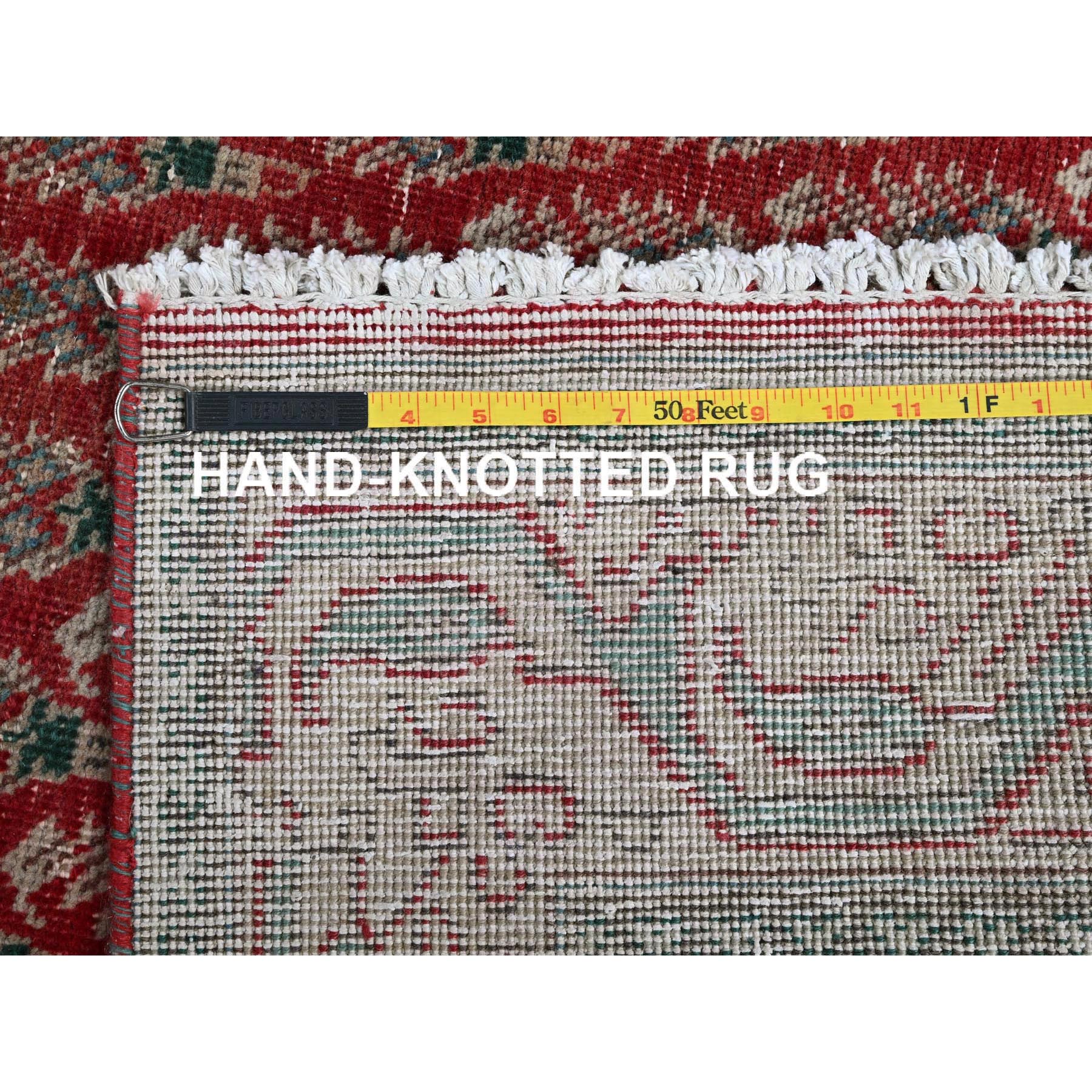 3'2"x12'4" Crimson Red, Vintage Persian Tabriz with Acorn Design Intricate Repetitive Pattern, 100% Wool, Hand Knotted, Shaved Down, Zero Pile, Sides and Ends Professionally Secured, Good Condition, Runner, Oriental Rug HR779 - Image 7
