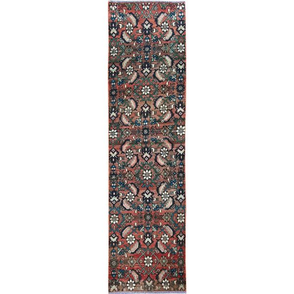2'2"x8'7" Blush Red, Vintage Persian Hamadan with Distinct Abrash, Fish All Over Design, Cropped Thin, Zero Pile, Sides and Ends Professionally Secured, Hand Knotted, Pure Wool, Narrow Runner, Oriental Rug HR827