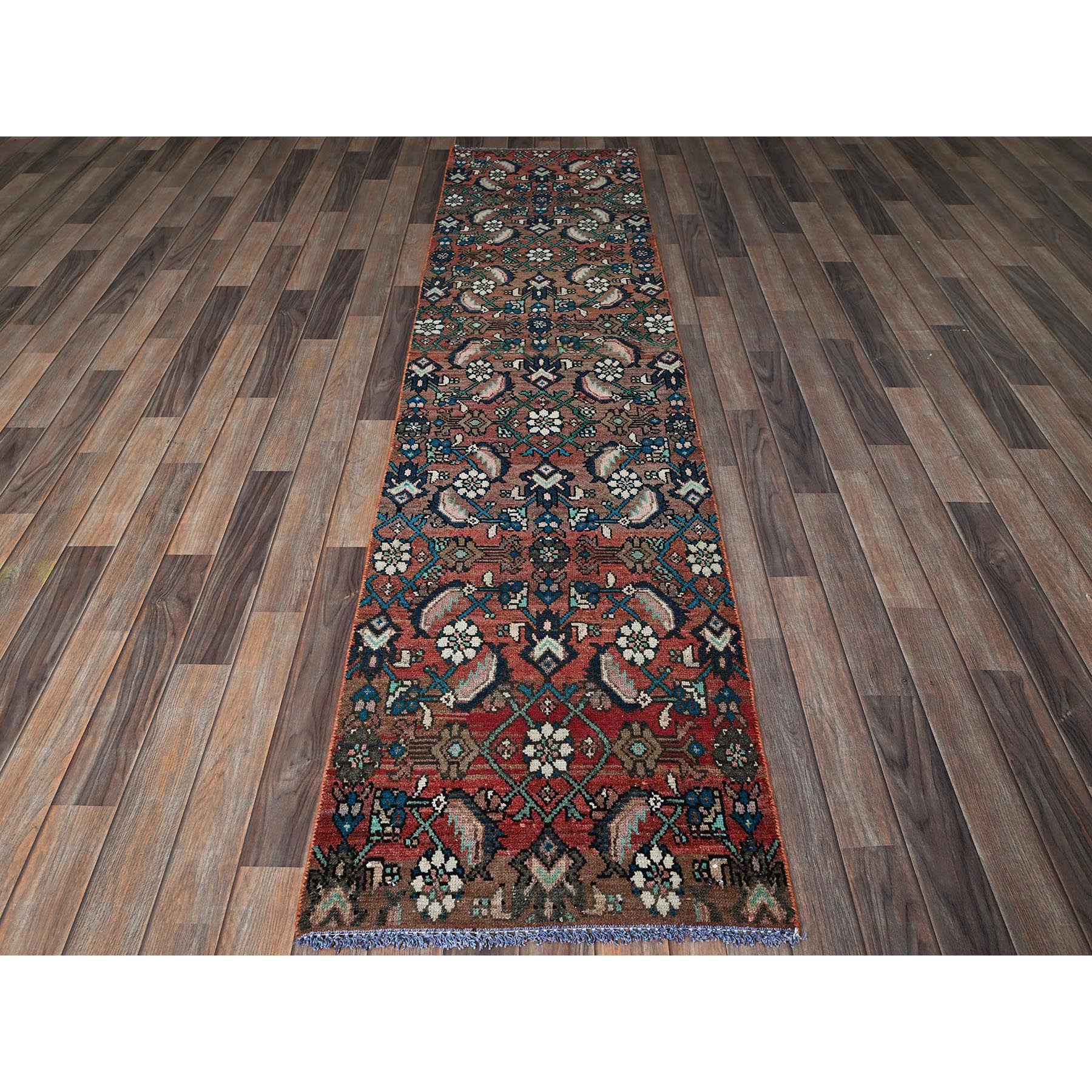 2'2"x8'7" Blush Red, Vintage Persian Hamadan with Distinct Abrash, Fish All Over Design, Cropped Thin, Zero Pile, Sides and Ends Professionally Secured, Hand Knotted, Pure Wool, Narrow Runner, Oriental Rug HR827 - Image 2