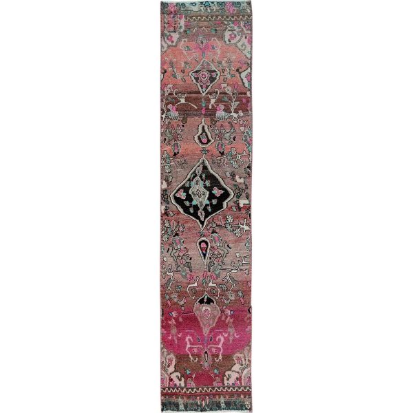 2'x9'7" Coral Red, Vintage Persian Hamadan with Artistic Design, Distinct Abrash, Cropped Thin, Zero Pile, Sides and Ends Professionally Secured, Even Wear, Hand Knotted, Pure Wool, Fragment, Narrow Runner, Oriental Rug HR839