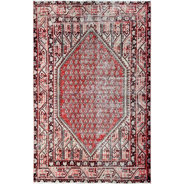 3'10"x6'1" Ajax Red, Vintage Persian Sarouk Mir with Small Repetitive Boteh Design, Worn and Distressed, Shaved Down, Zero Pile, Sides and Ends Professionally Secured, Hand Knotted, 100% Wool, Oriental Rug HR861