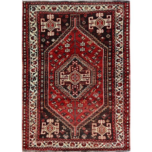 3'9"x5'1" Crimson Red, Vintage Persian Shiraz with Small Animal Figurines, Geometric Medallion Design, Shaved Down, Zero Pile, Sides and Ends Professionally Secured, Clean, Hand Knotted, 100% Wool, Oriental Rug HR873