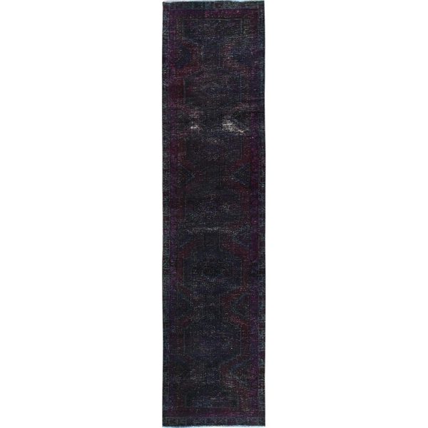 2'8"x12'1" Wine Red, Dark Colors, Overdyed Vintage Persian Hamadan, 100% Wool, Hand Knotted, Distressed, Cropped Thin, Sides and Ends Professionally Secured, Runner, Oriental Rug HR877