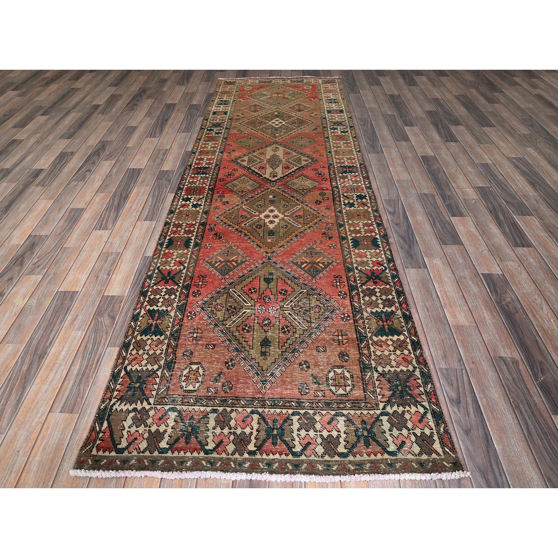 3'5"x10'3" Blush Red with Army Green, Vintage Persian Bakhtiar, Geometric Design, Distinct Abrash, Shaved Down, Zero Pile, Sides and Ends Professionally Secured, Clean, Hand Knotted, Pure Wool, Wide Runner, Oriental Rug HR882 - Image 2