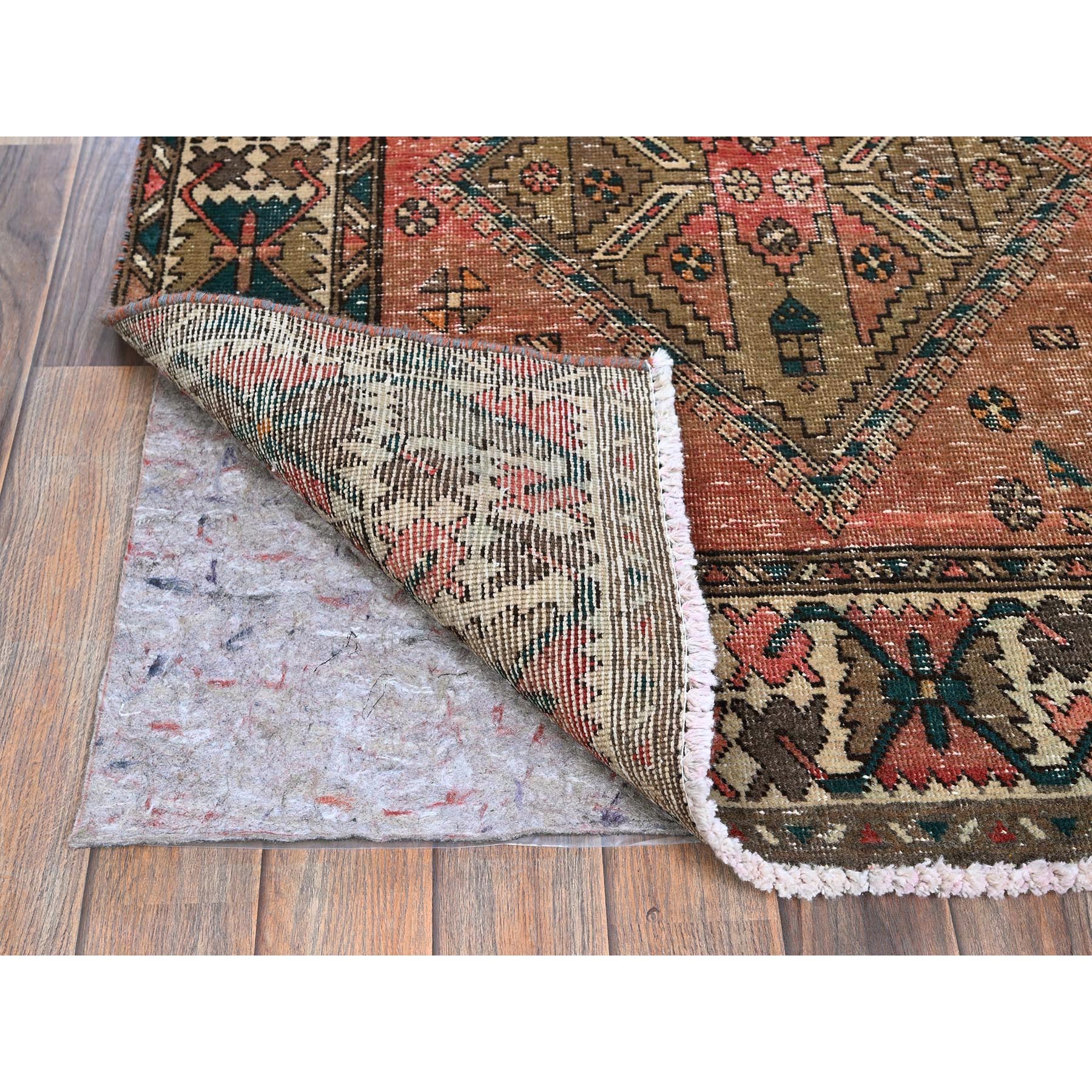 3'5"x10'3" Blush Red with Army Green, Vintage Persian Bakhtiar, Geometric Design, Distinct Abrash, Shaved Down, Zero Pile, Sides and Ends Professionally Secured, Clean, Hand Knotted, Pure Wool, Wide Runner, Oriental Rug HR882 - Image 3