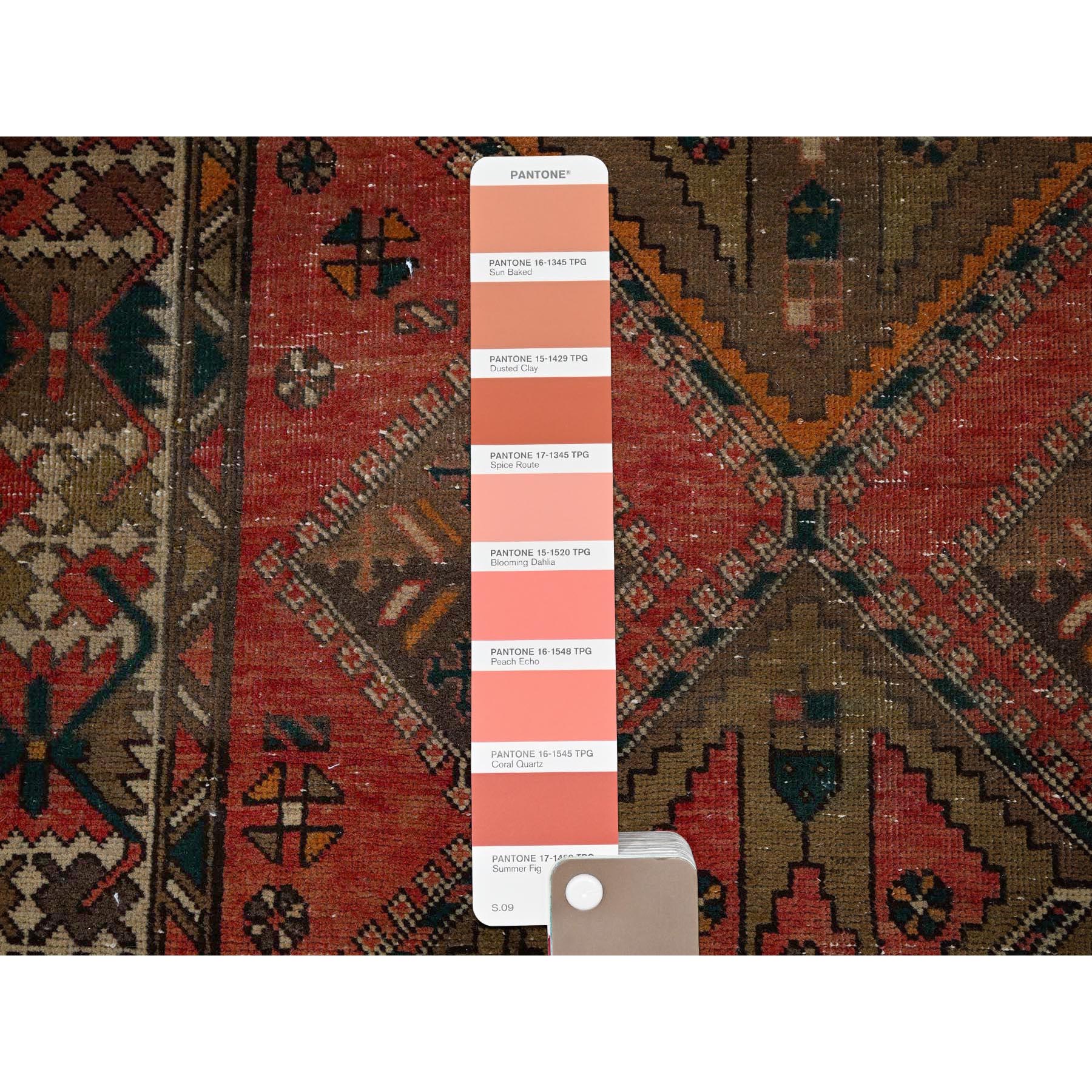 3'5"x10'3" Blush Red with Army Green, Vintage Persian Bakhtiar, Geometric Design, Distinct Abrash, Shaved Down, Zero Pile, Sides and Ends Professionally Secured, Clean, Hand Knotted, Pure Wool, Wide Runner, Oriental Rug HR882 - Image 4