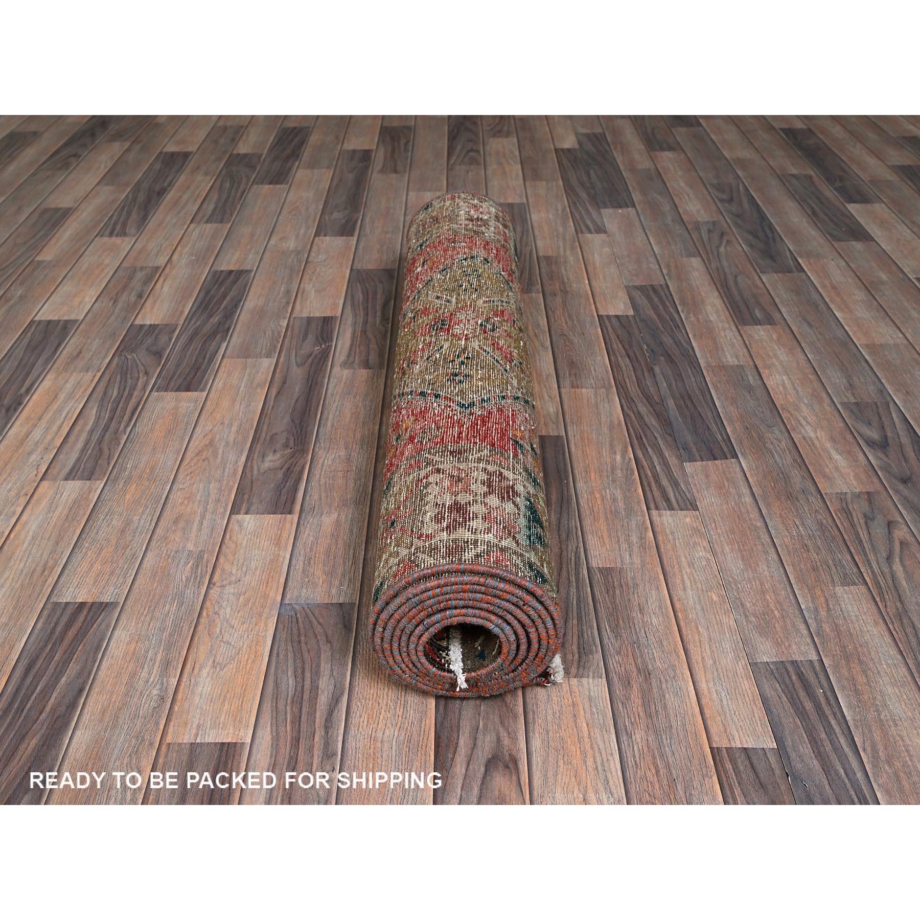 3'5"x10'3" Blush Red with Army Green, Vintage Persian Bakhtiar, Geometric Design, Distinct Abrash, Shaved Down, Zero Pile, Sides and Ends Professionally Secured, Clean, Hand Knotted, Pure Wool, Wide Runner, Oriental Rug HR882 - Image 5
