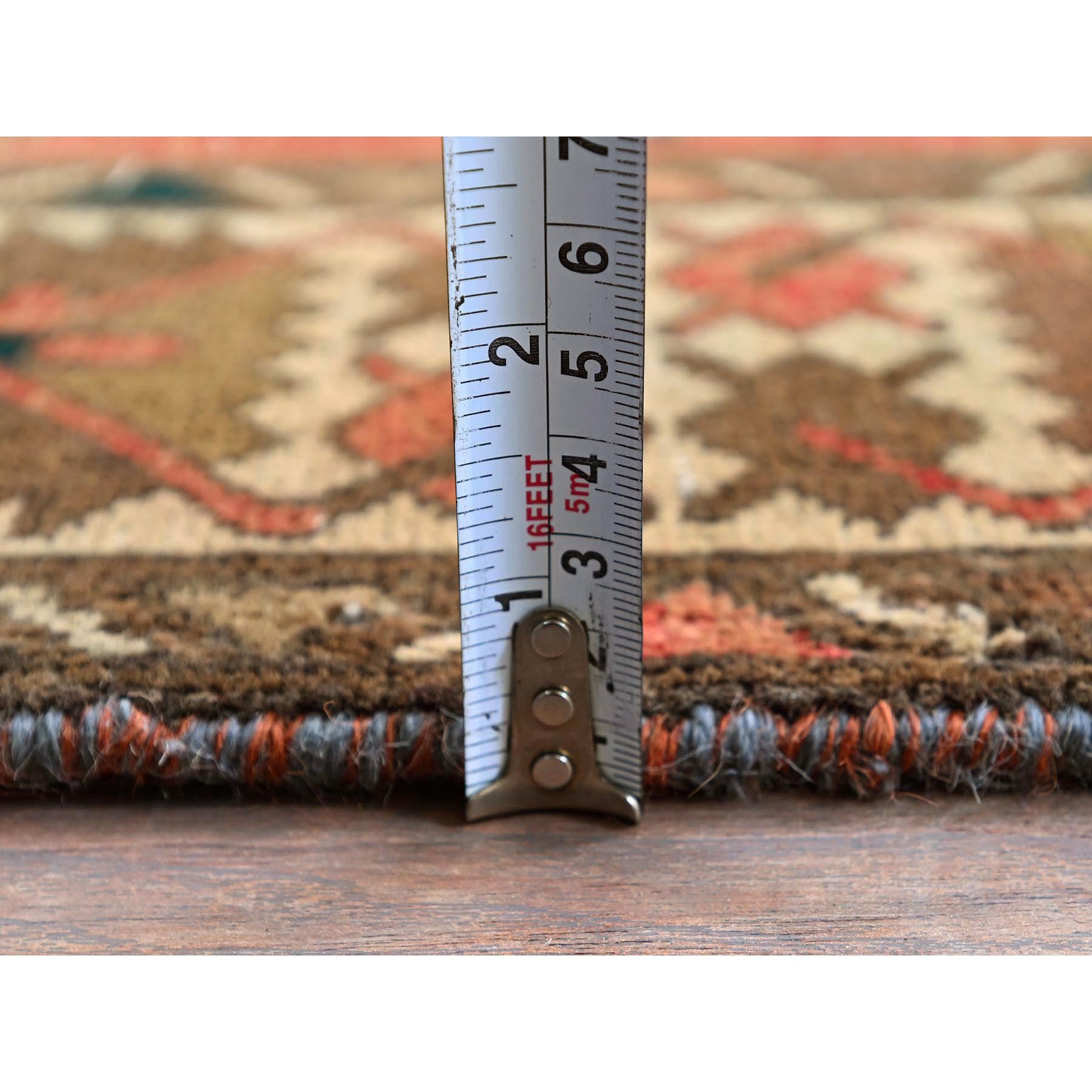 3'5"x10'3" Blush Red with Army Green, Vintage Persian Bakhtiar, Geometric Design, Distinct Abrash, Shaved Down, Zero Pile, Sides and Ends Professionally Secured, Clean, Hand Knotted, Pure Wool, Wide Runner, Oriental Rug HR882 - Image 6
