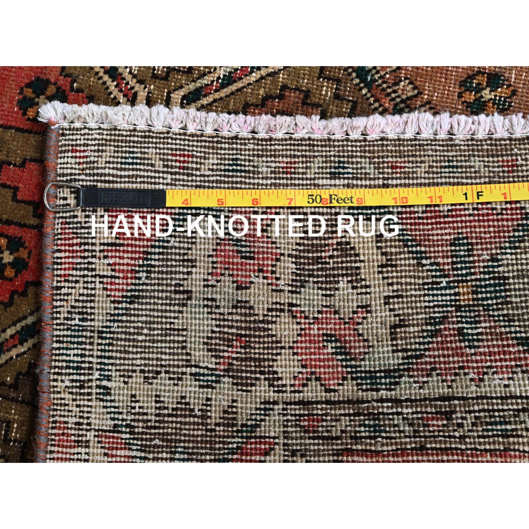 3'5"x10'3" Blush Red with Army Green, Vintage Persian Bakhtiar, Geometric Design, Distinct Abrash, Shaved Down, Zero Pile, Sides and Ends Professionally Secured, Clean, Hand Knotted, Pure Wool, Wide Runner, Oriental Rug HR882 - Image 7