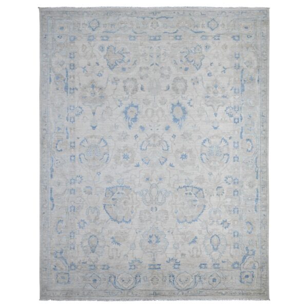 9'10"x12'4" Heron White With Blue Border, Fine Peshawar With All Over Mahal Design, Touches Of Blue, Hand Knotted, Squarish Pure Wool Oriental Rug HR89002