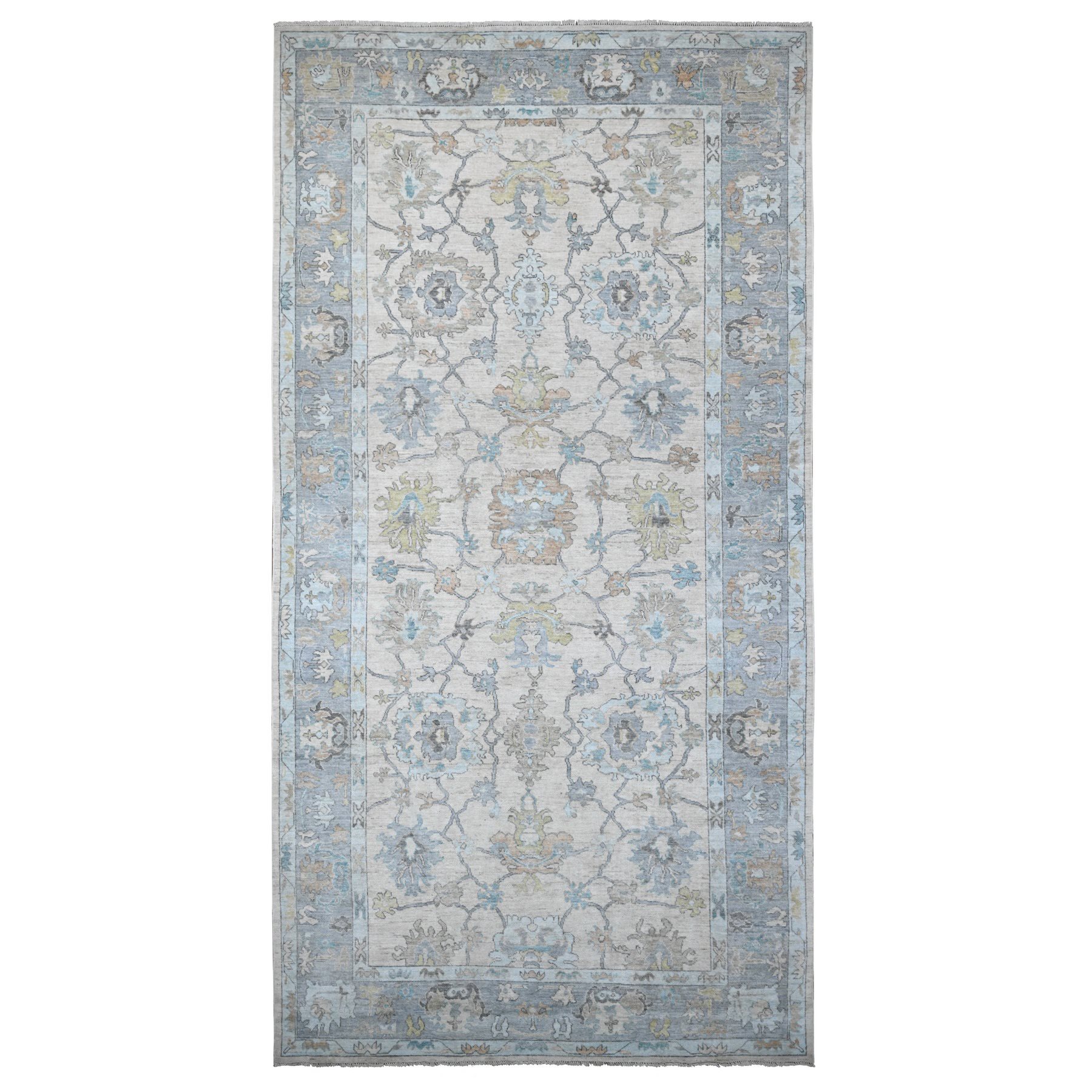 8'1"x15'7" Platinum Gray, Wool Foundation, Natural Dyes With Rural Floral All Over Design, Hand Knotted Afghan Angora Oushak, XL Oriental Rug HR89260