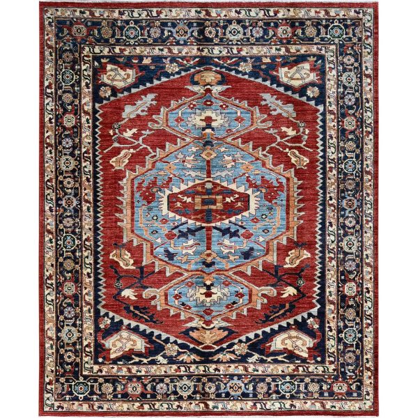 8'1"x9'8" Scarlet Red, Peshawar Heriz with Antique Serapi Design, Hand Knotted, Shiny High Mountain Wool, Vegetable Dyes, Densely Woven, Soft Pile, Oriental Rug HR903