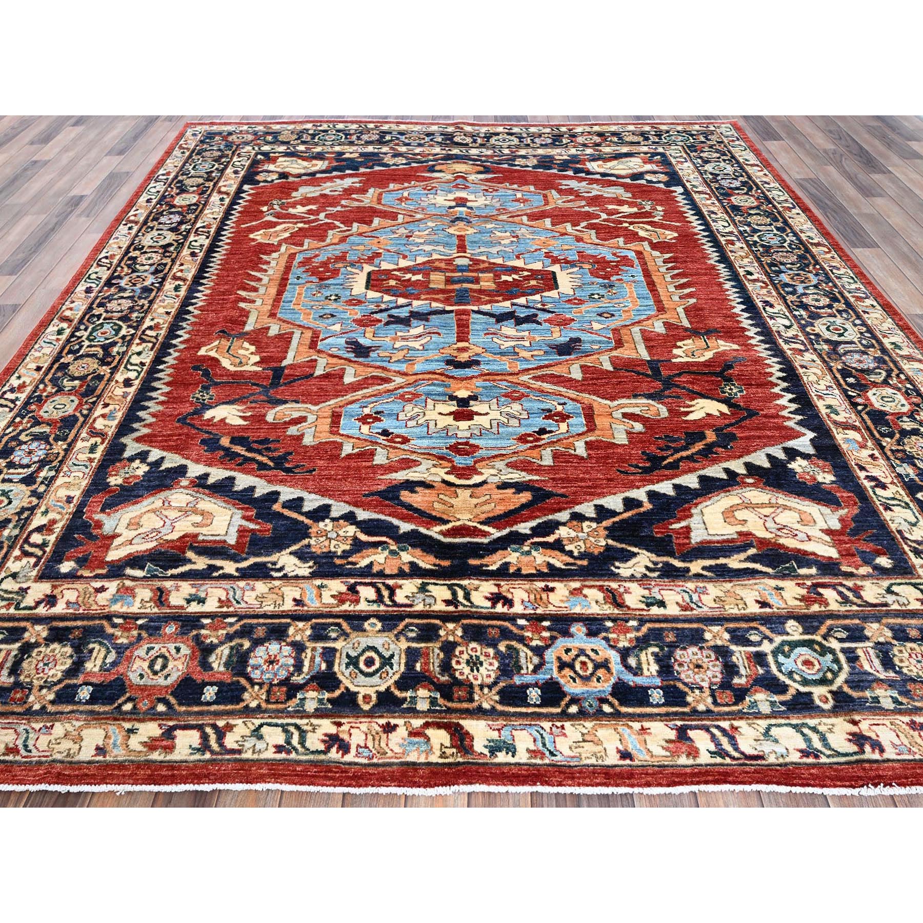8'1"x9'8" Scarlet Red, Peshawar Heriz with Antique Serapi Design, Hand Knotted, Shiny High Mountain Wool, Vegetable Dyes, Densely Woven, Soft Pile, Oriental Rug HR903 - Image 3