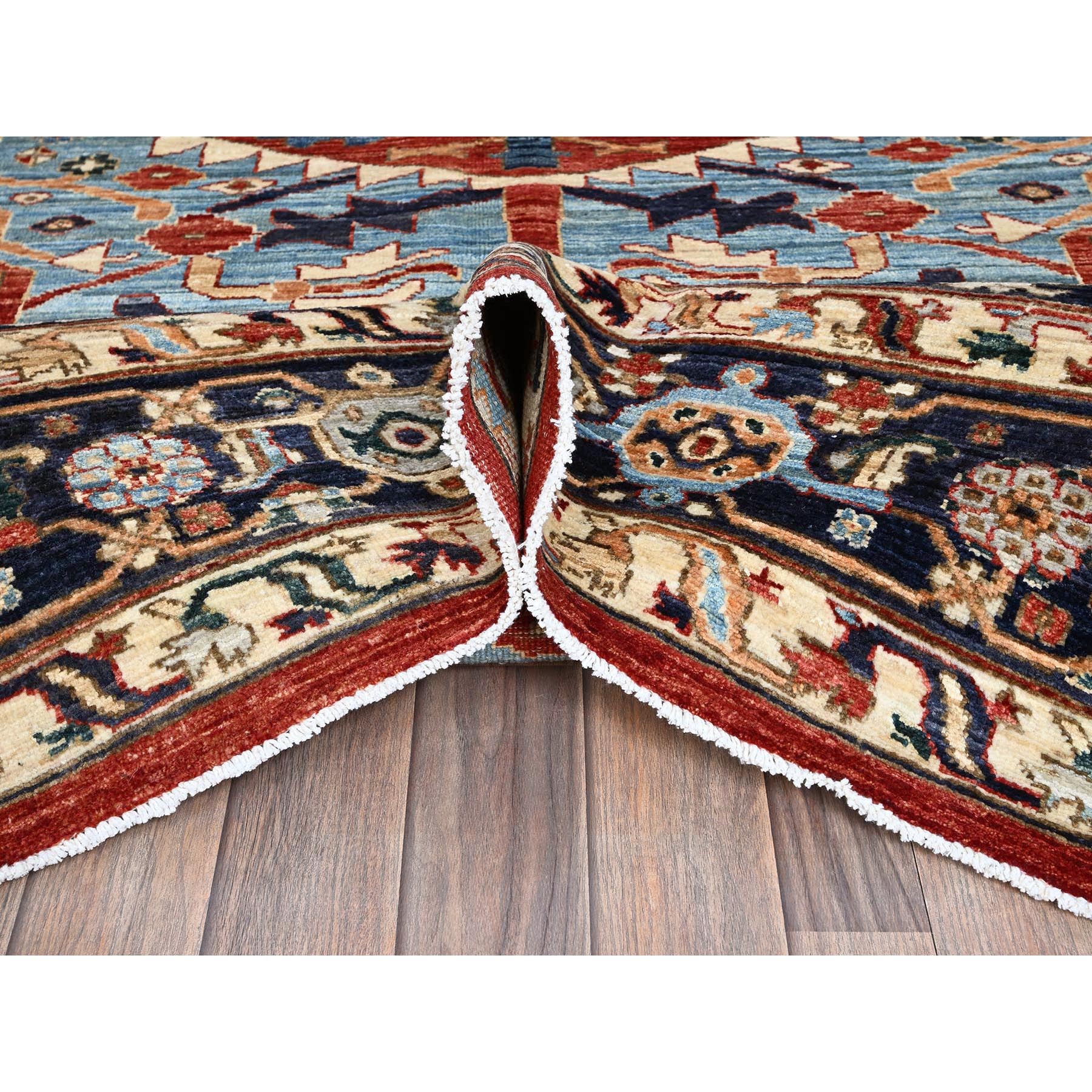 8'1"x9'8" Scarlet Red, Peshawar Heriz with Antique Serapi Design, Hand Knotted, Shiny High Mountain Wool, Vegetable Dyes, Densely Woven, Soft Pile, Oriental Rug HR903 - Image 6