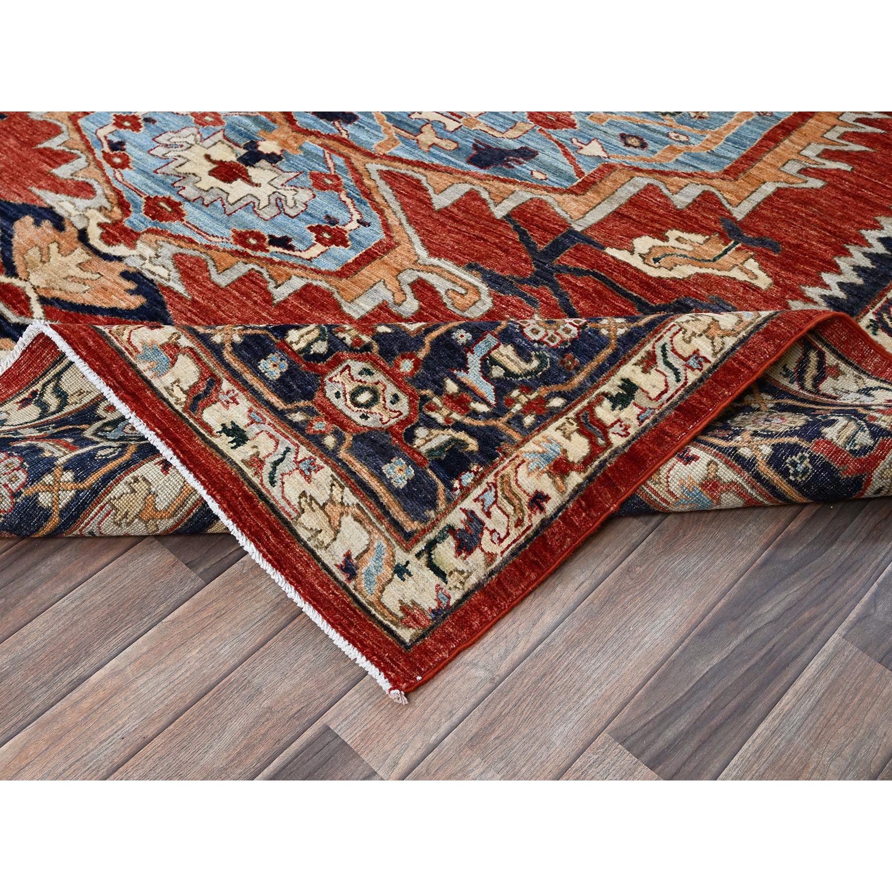 8'1"x9'8" Scarlet Red, Peshawar Heriz with Antique Serapi Design, Hand Knotted, Shiny High Mountain Wool, Vegetable Dyes, Densely Woven, Soft Pile, Oriental Rug HR903 - Image 7