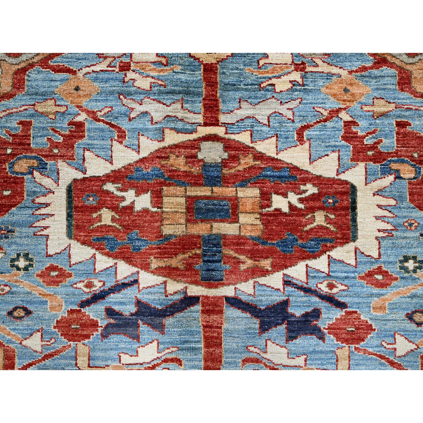 8'1"x9'8" Scarlet Red, Peshawar Heriz with Antique Serapi Design, Hand Knotted, Shiny High Mountain Wool, Vegetable Dyes, Densely Woven, Soft Pile, Oriental Rug HR903 - Image 9
