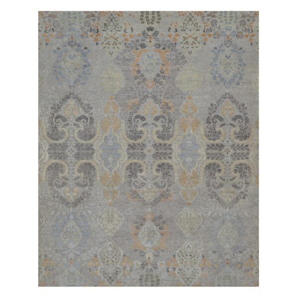 7'10"x10' Medium Gray, Jewelry Design, Wool with Textured Silk, Tone on Tone, Transitional, Hand Knotted, Oriental Rug HR91414