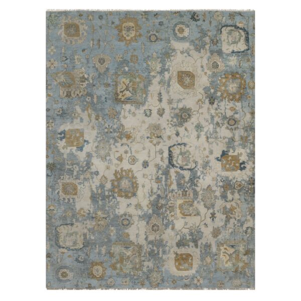 9'2"x12' Swan White and Blue, Broken Pattern with Oushak Design, 100% Wool, Hand Knotted, Borderless, Oriental Rug HR91424
