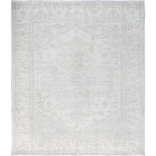 8'x9'9" Bone White, Washed Out Peshawar with Heriz Design, Hand Knotted, Pure Wool, Densely Woven, Oriental Rug HR917