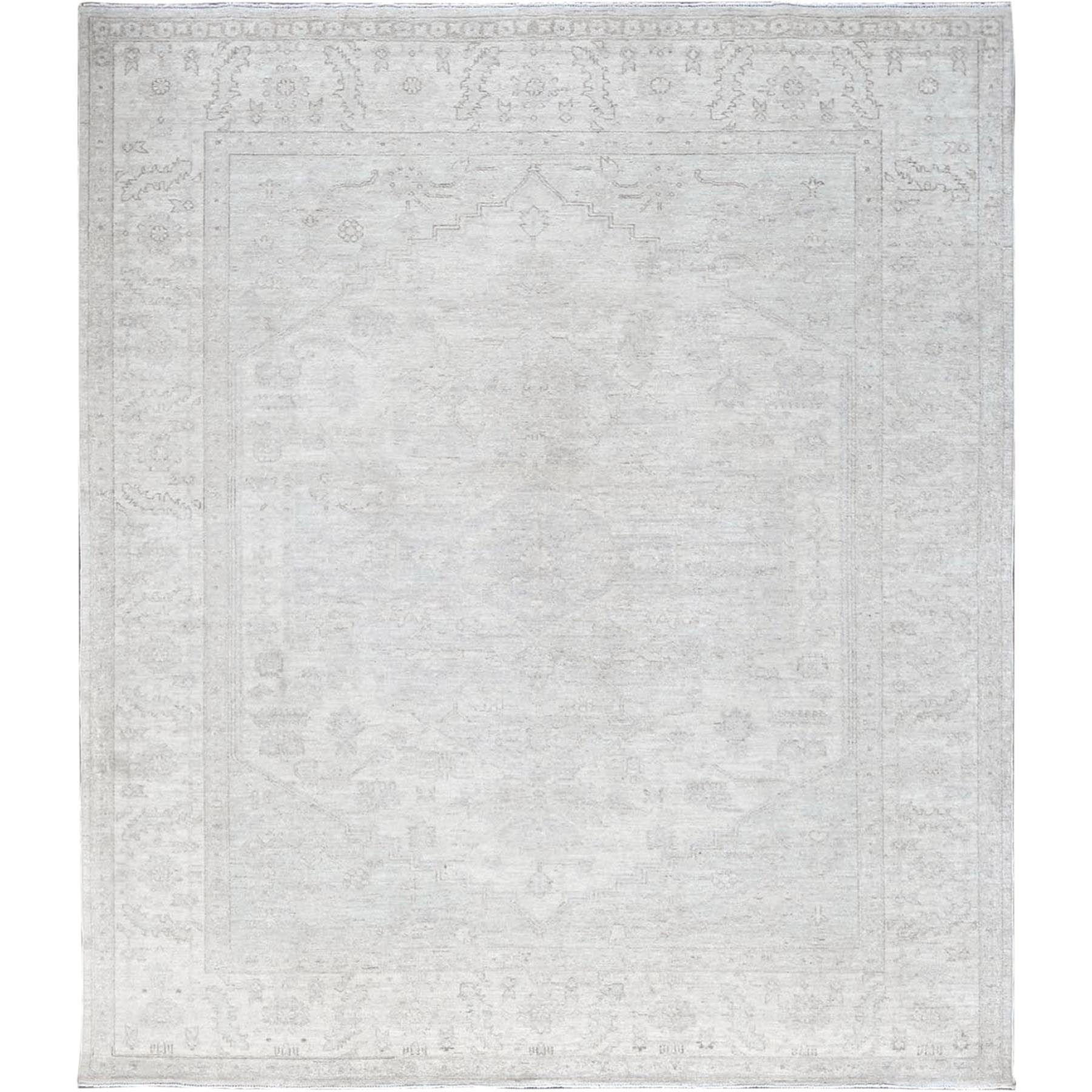 8'x9'9" Bone White, Washed Out Peshawar with Heriz Design, Hand Knotted, Pure Wool, Densely Woven, Oriental Rug HR917