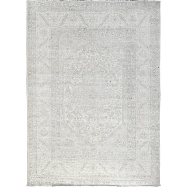 9'x11'10" Pearl White, Washed Out Peshawar with Heriz Design, Densely Woven, 100% Wool, Hand Knotted, Oriental Rug HR922