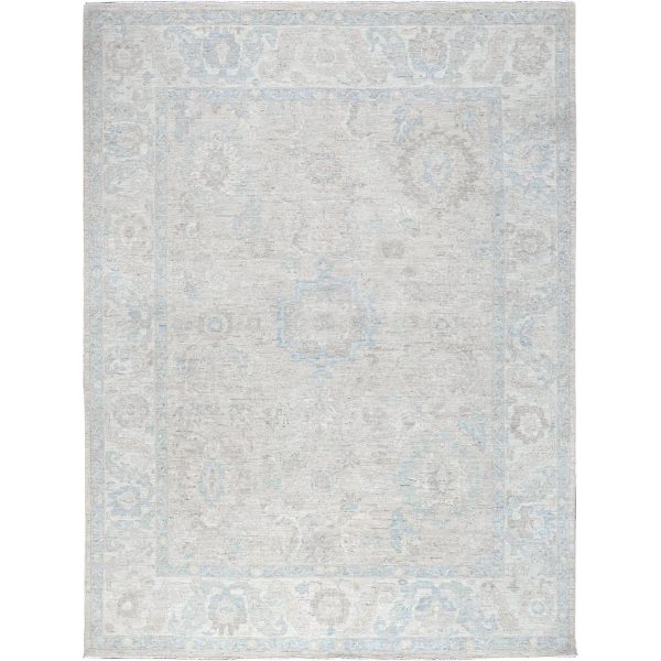 7'9"x9'10" Bone White, Washed Out Peshawar with Muted Colors Leaf Design, Pure Wool, Hand Knotted, Densely Woven, Oriental Rug HR929
