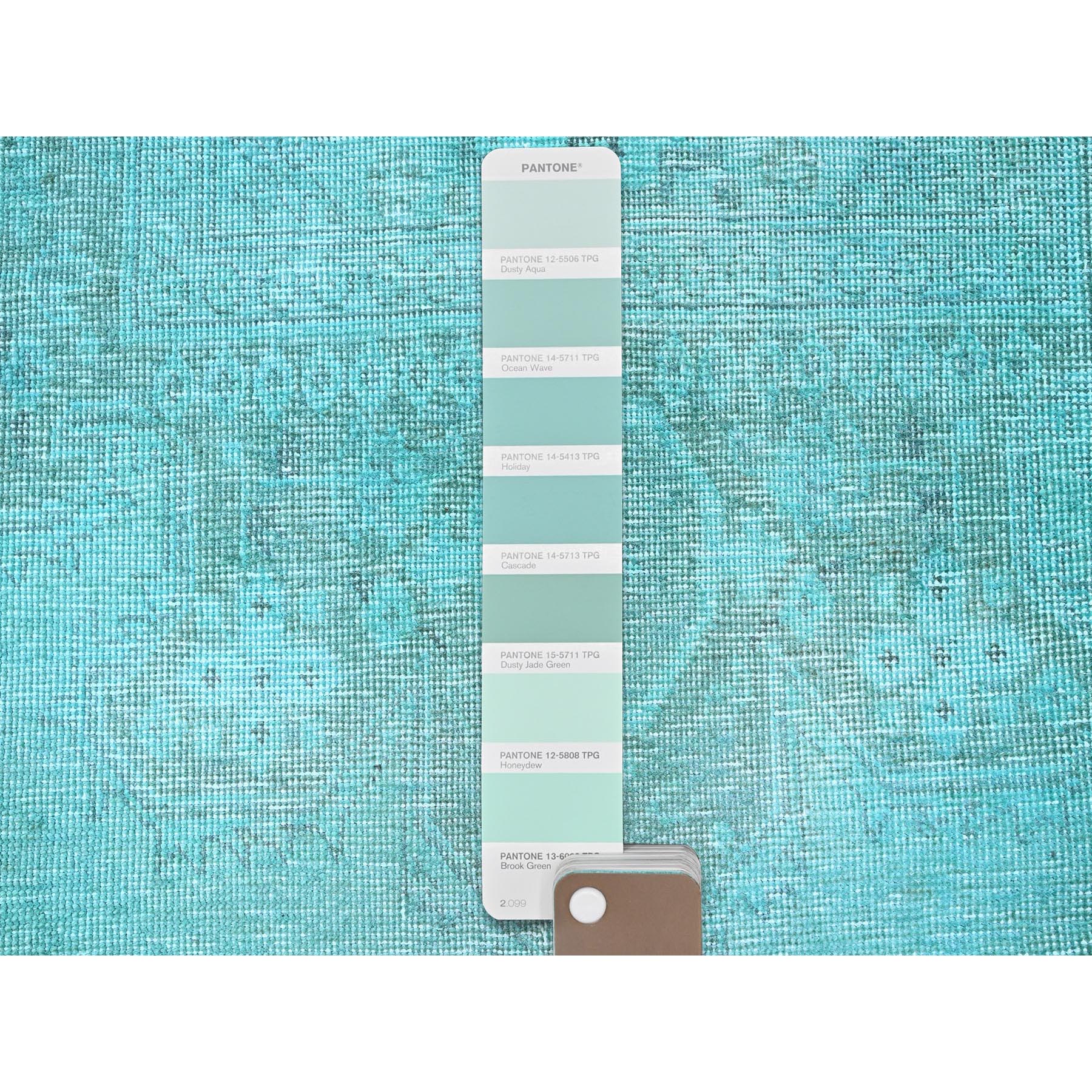 2'5"x10' Turquoise Blue, Overdyed Vintage Persian Tabriz, Distressed and Worn, Shaved Down, Sides and Ends Professionally Secured, Hand Knotted, 100% Wool, Fragment, Narrow Runner, Oriental Rug HR936 - Image 4