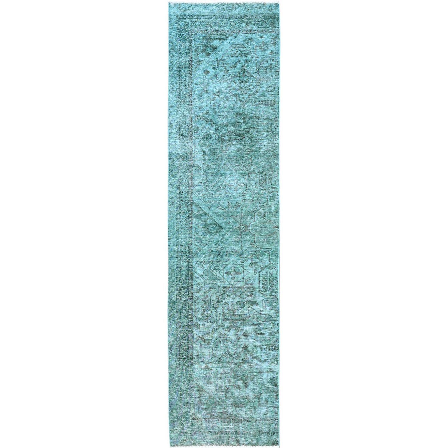 2'4"x10'2" Bottle Green, Overdyed Vintage Persian Tabriz, Worn and Distressed, Hand Knotted, 100% Wool, Sides and Ends Professionally Secured, Sheared Low, Fragment, Narrow Runner, Oriental Rug HR942