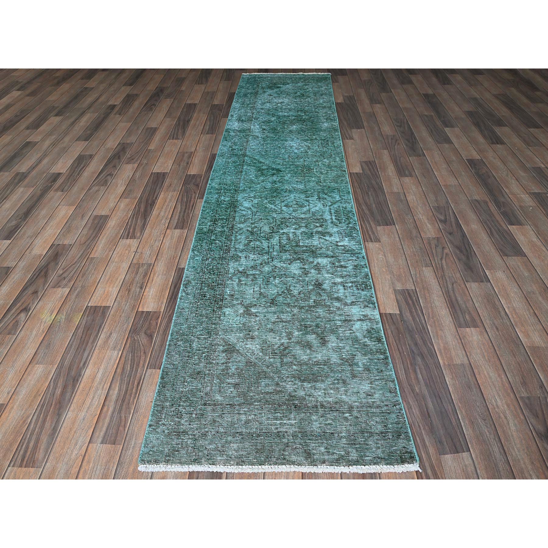 2'4"x10'2" Bottle Green, Overdyed Vintage Persian Tabriz, Worn and Distressed, Hand Knotted, 100% Wool, Sides and Ends Professionally Secured, Sheared Low, Fragment, Narrow Runner, Oriental Rug HR942 - Image 2