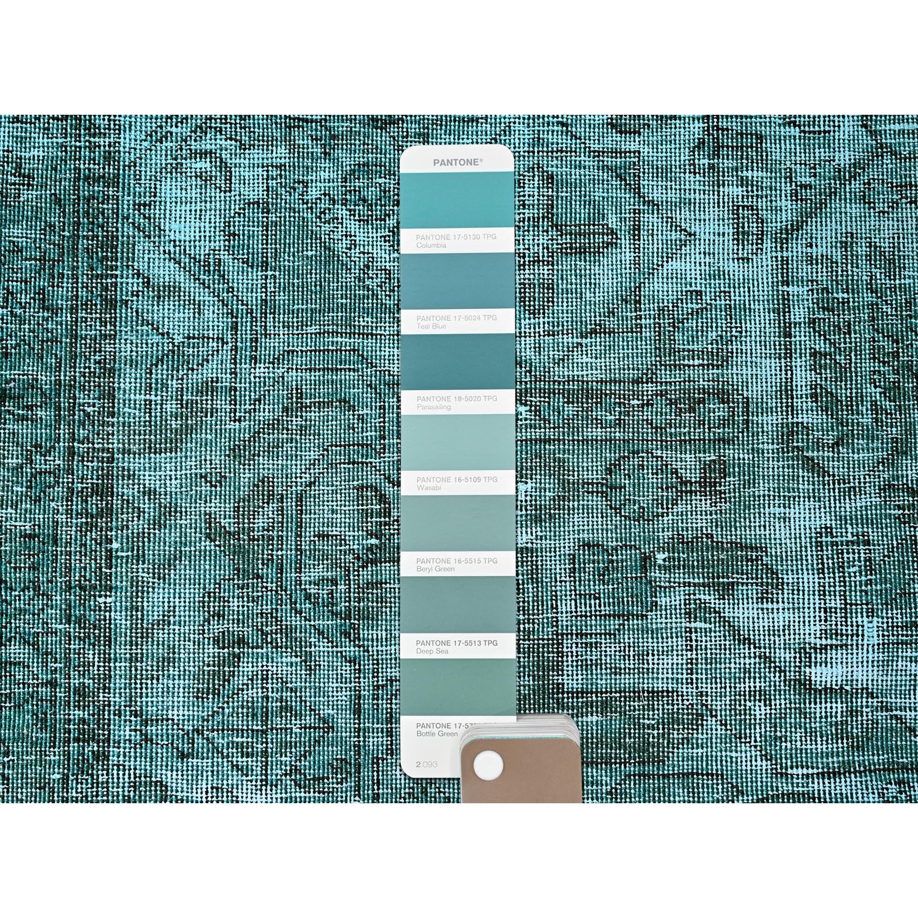 2'4"x10'2" Bottle Green, Overdyed Vintage Persian Tabriz, Worn and Distressed, Hand Knotted, 100% Wool, Sides and Ends Professionally Secured, Sheared Low, Fragment, Narrow Runner, Oriental Rug HR942 - Image 4