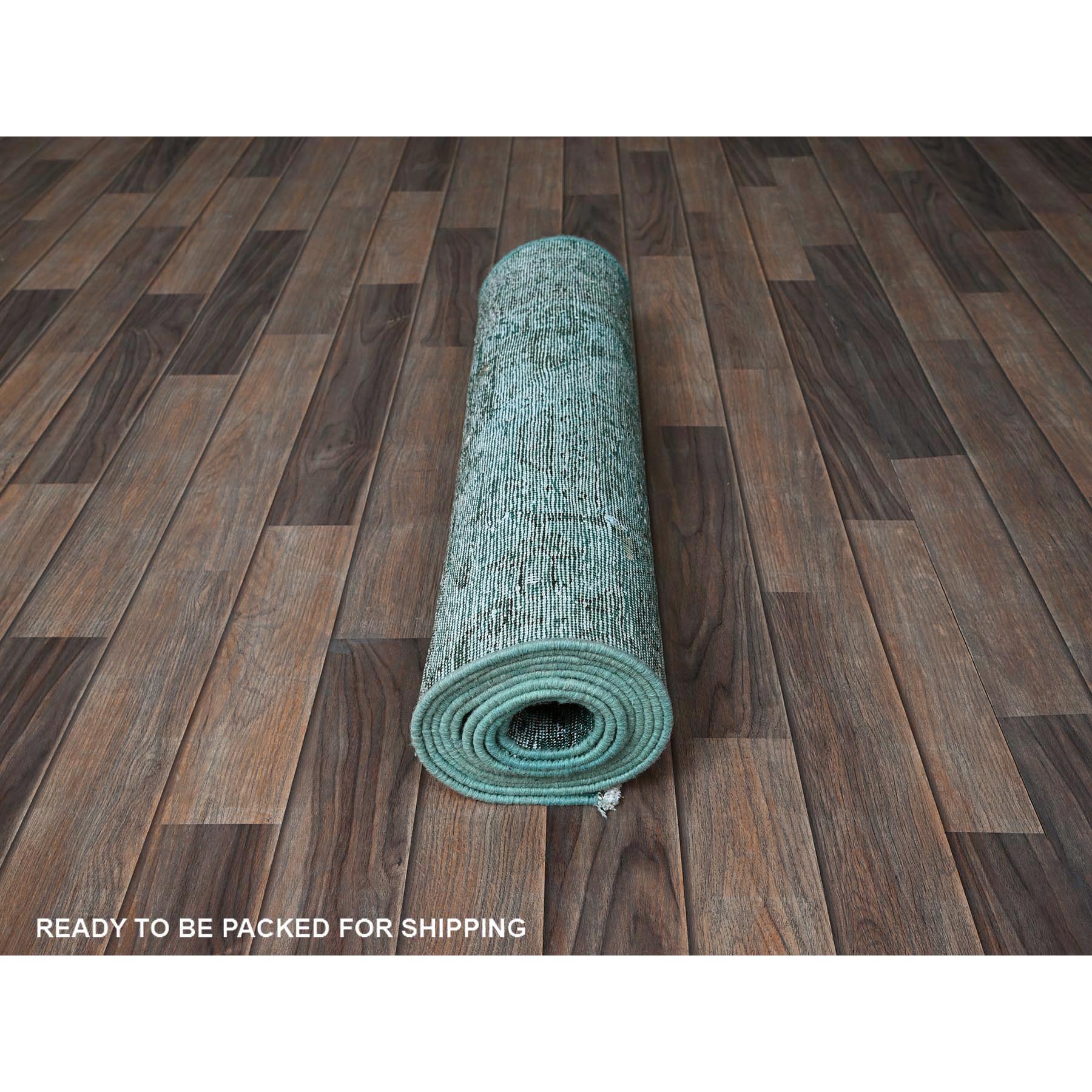 2'4"x10'2" Bottle Green, Overdyed Vintage Persian Tabriz, Worn and Distressed, Hand Knotted, 100% Wool, Sides and Ends Professionally Secured, Sheared Low, Fragment, Narrow Runner, Oriental Rug HR942 - Image 5