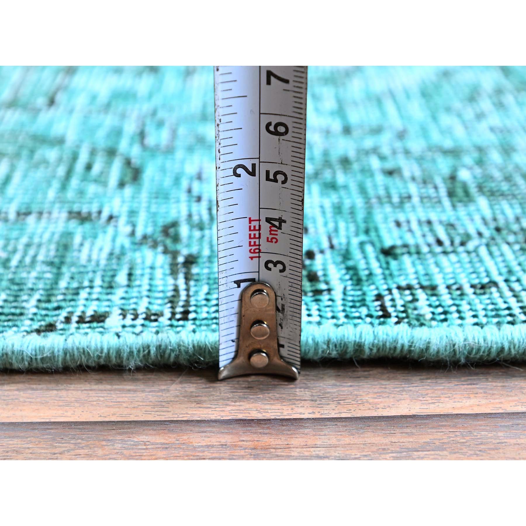 2'4"x10'2" Bottle Green, Overdyed Vintage Persian Tabriz, Worn and Distressed, Hand Knotted, 100% Wool, Sides and Ends Professionally Secured, Sheared Low, Fragment, Narrow Runner, Oriental Rug HR942 - Image 6