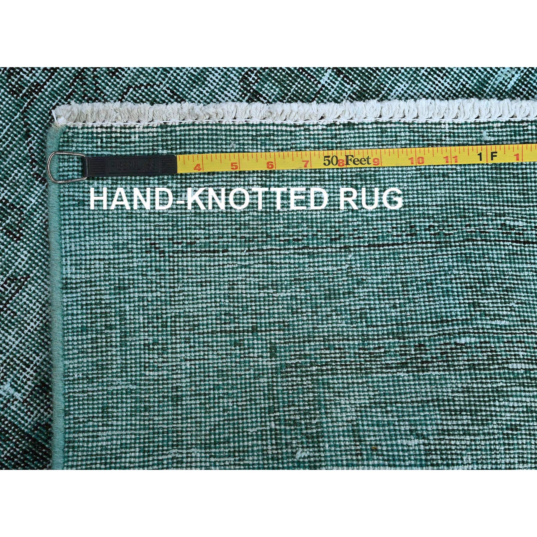 2'4"x10'2" Bottle Green, Overdyed Vintage Persian Tabriz, Worn and Distressed, Hand Knotted, 100% Wool, Sides and Ends Professionally Secured, Sheared Low, Fragment, Narrow Runner, Oriental Rug HR942 - Image 7