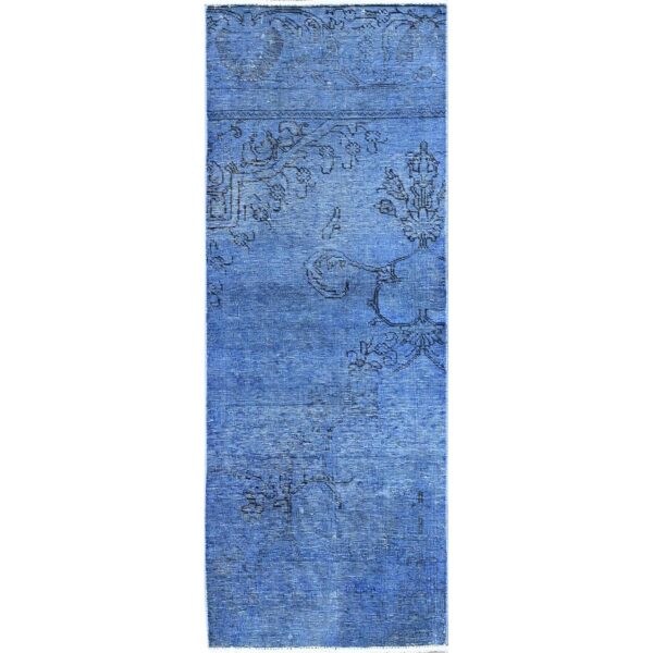 2'2"x6'2" Carolina Blue, Overdyed Vintage Persian Tabriz, Worn and Distressed, Sides and Ends Professionally Secured, Shaved Low, Hand Knotted, 100% Wool, Fragment, Narrow Runner, Oriental Rug HR943