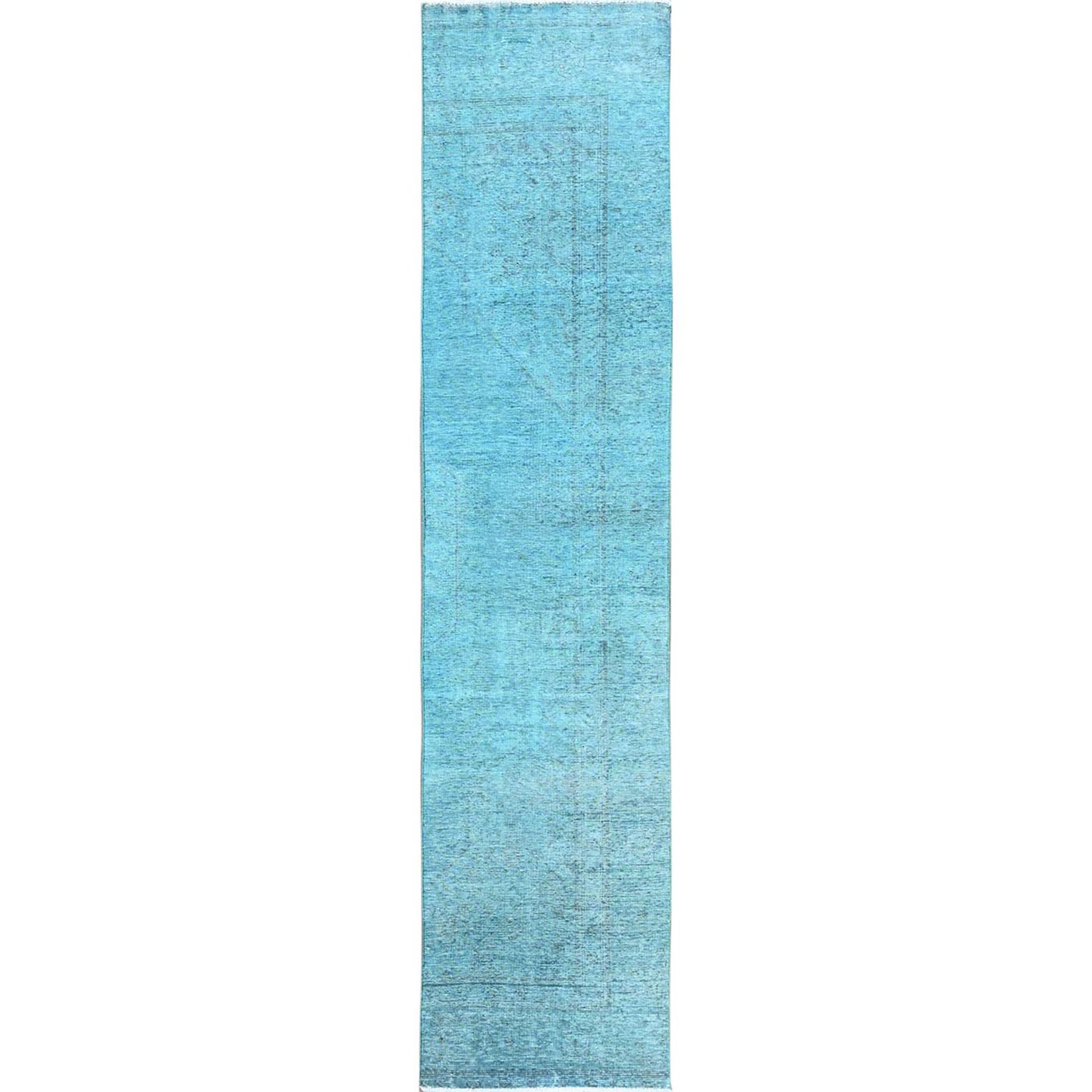 2'4"x11'2" Sapphire Blue, Overdyed Vintage Persian Tabriz, Cropped Thin, Worn and Distressed, Sides and Ends Professionally Secured, Hand Knotted, Pure Wool, Fragment, Narrow Runner, Oriental Rug HR944