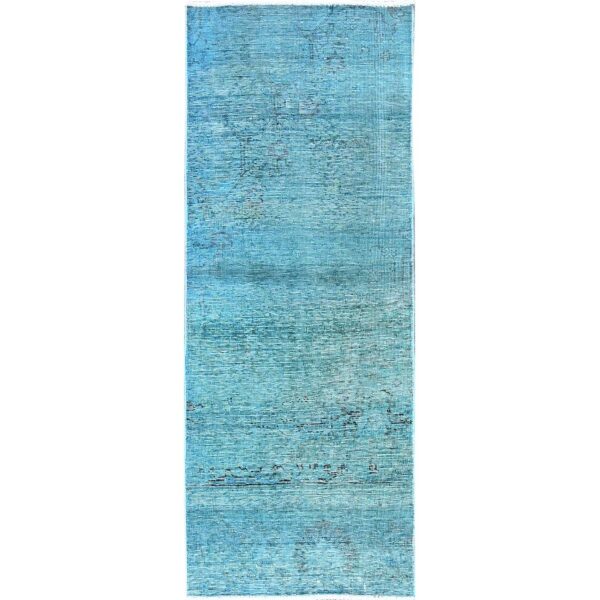 2'3"x6'1" Turkish Blue, Overdyed Vintage Persian Tabriz, Worn and Distressed, Sides and Ends Professionally Secured, Shaved Down, Hand Knotted, 100% Wool, Fragment, Narrow Runner, Oriental Rug HR948