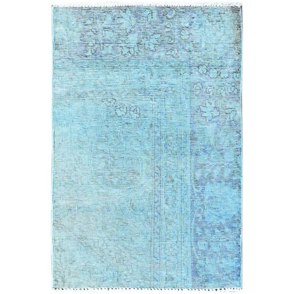 2'x3'2" Sky Blue, Overdyed Vintage Persian Tabriz, Worn and Distressed, Sides and Ends Professionally Secured, Shaved Down, Hand Knotted, Pure Wool, Fragment, Mat, Oriental Rug HR951