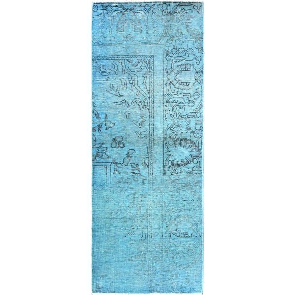 2'3"x6'2" Aqua Blue, Overdyed Vintage Persian Tabriz, Cropped Thin, Worn and Distressed, Sides and Ends Professionally Secured, Hand Knotted, 100% Wool, Fragment, Short & Narrow Runner, Oriental Rug HR966