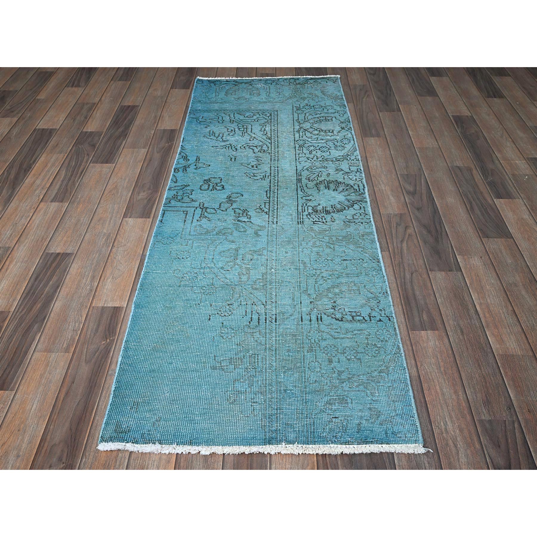 2'3"x6'2" Aqua Blue, Overdyed Vintage Persian Tabriz, Cropped Thin, Worn and Distressed, Sides and Ends Professionally Secured, Hand Knotted, 100% Wool, Fragment, Short & Narrow Runner, Oriental Rug HR966 - Image 2