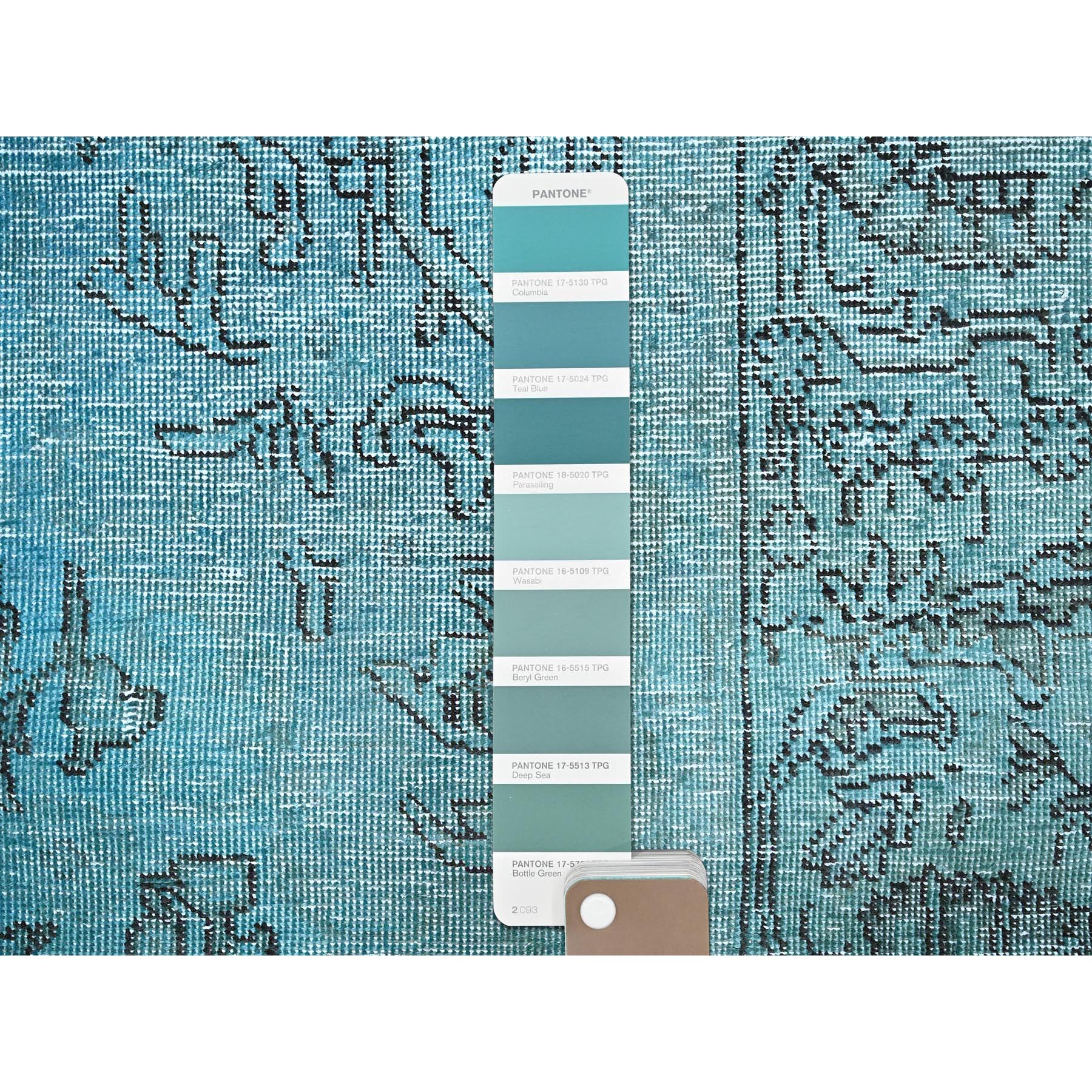 2'3"x6'2" Aqua Blue, Overdyed Vintage Persian Tabriz, Cropped Thin, Worn and Distressed, Sides and Ends Professionally Secured, Hand Knotted, 100% Wool, Fragment, Short & Narrow Runner, Oriental Rug HR966 - Image 4