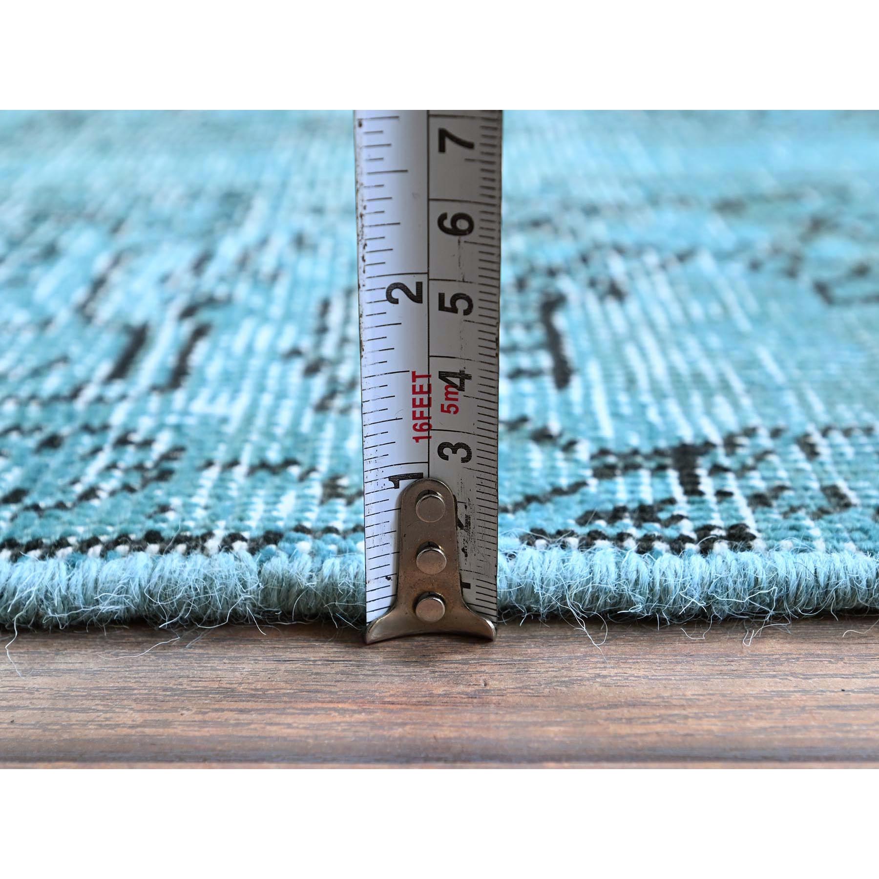 2'3"x6'2" Aqua Blue, Overdyed Vintage Persian Tabriz, Cropped Thin, Worn and Distressed, Sides and Ends Professionally Secured, Hand Knotted, 100% Wool, Fragment, Short & Narrow Runner, Oriental Rug HR966 - Image 6