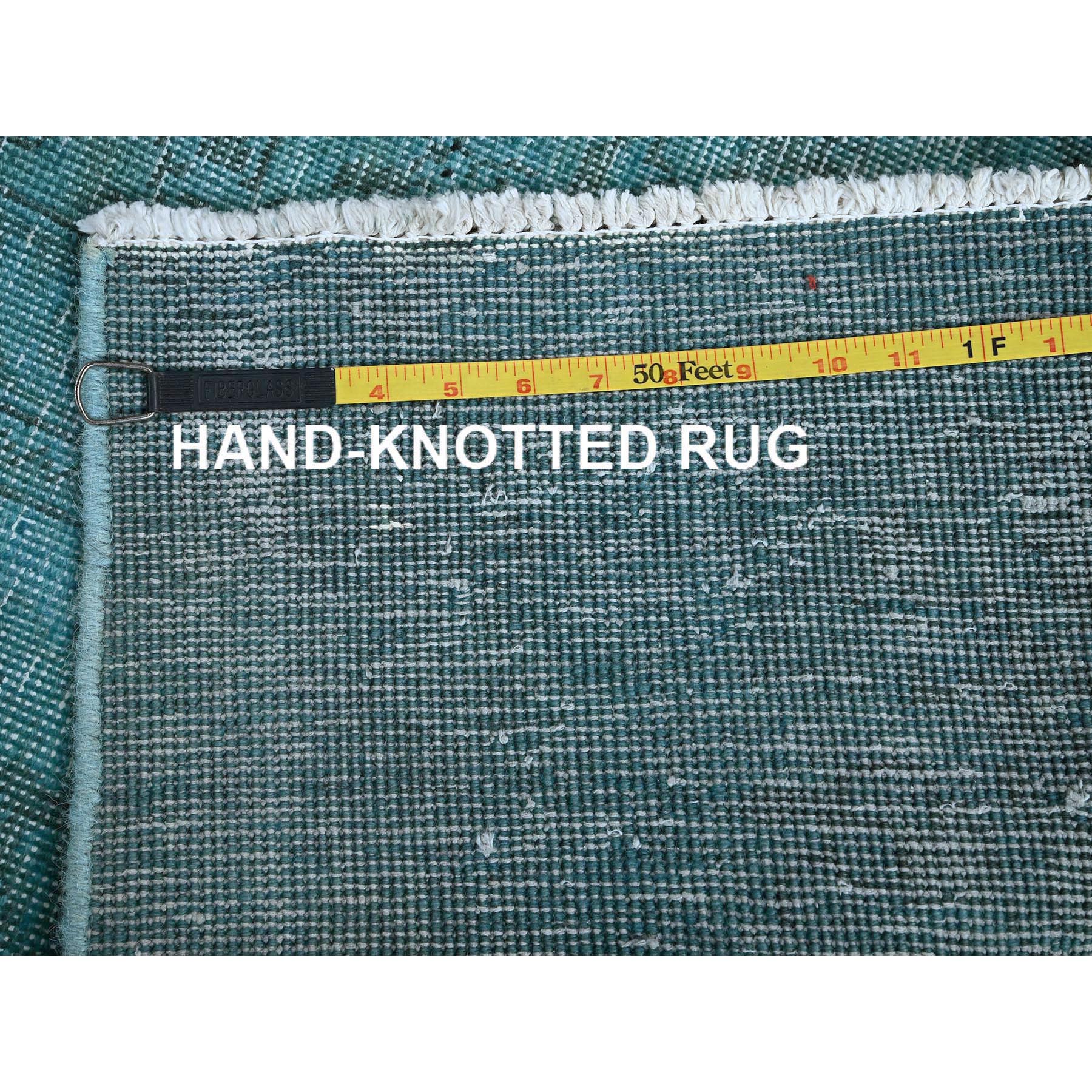 2'3"x6'2" Aqua Blue, Overdyed Vintage Persian Tabriz, Cropped Thin, Worn and Distressed, Sides and Ends Professionally Secured, Hand Knotted, 100% Wool, Fragment, Short & Narrow Runner, Oriental Rug HR966 - Image 7