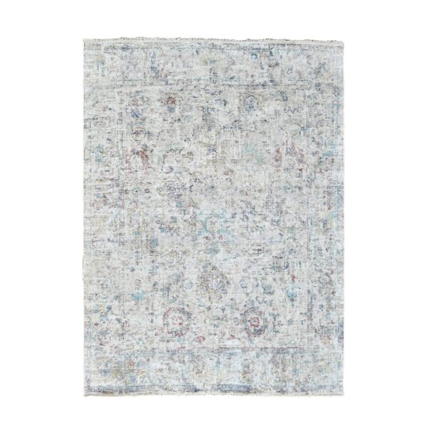 7'8"x9'9" Acoustic White, Antiqued Tabriz Design, Distressed, Zero Pile, Shaved Low, 100% Wool, Hand Knotted, Oriental Rug HR10161