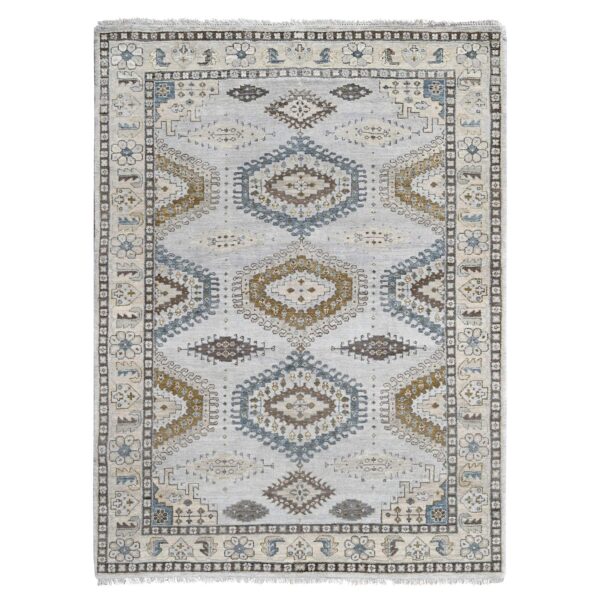 5'1"x6'10" Cloud Gray, Persian Village Inspired Geometric Elements Design, Pure Wool, Natural Dyes, Denser Weave, Hand Knotted, Oriental Rug HR10190