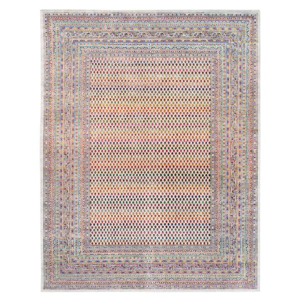8'10"x12' Wool And Sari Silk Colorful Sarouk Mir Inspired with Repetitive Boteh Design Hand Knotted Oriental Rug HR62307