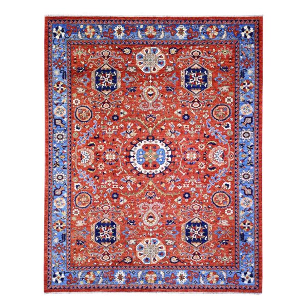 8'2"x10'1" Prismatic Red, Densely Woven ,Afghan Ersari with Large Elements Design,  100% Wool, Hand Knotted, Natural Dyes, Oriental Rug HR74698