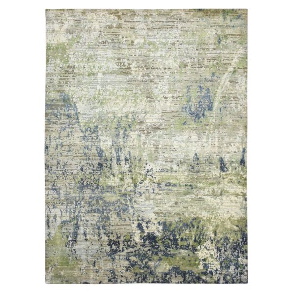 8'9"x12' Olive Green, Modern Abstract Design, Real Silk with Oxidized Wool, Hand Knotted, Oriental Rug HR75679